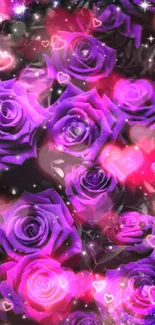 Purple roses with hearts on a galaxy-themed background.