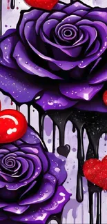 Purple roses and red hearts artistic wallpaper