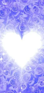 Radiant heart surrounded by purple roses wallpaper.