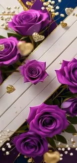 Purple roses on blue and gold background.