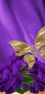 Purple roses and a gold butterfly on a luxurious background.