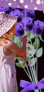 Child with umbrella and purple roses mobile wallpaper.