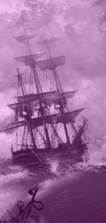 Purple sailing ship on turbulent sea waves.