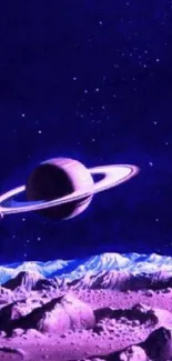 Purple space wallpaper featuring Saturn with rings over an alien landscape.