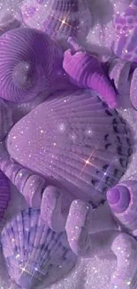 Purple seashells on glittery sand wallpaper.