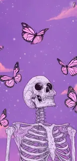 Skeleton with purple butterflies on artistic wallpaper.