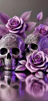 Purple skulls and roses mobile wallpaper with a gothic flair.