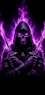 Vibrant purple flames surrounding a skull in digital art.