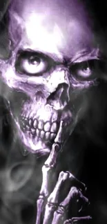 Purple skull with finger raised, eerie mobile wallpaper.