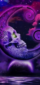 Purple skull moon in cosmic night sky wallpaper.