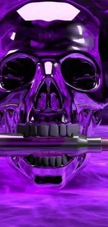 Purple metallic skull with a bullet in its mouth on a mystical background.