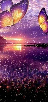 Purple sunset with butterflies over water.