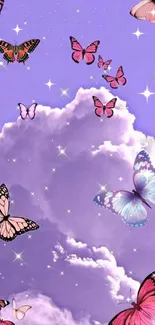 Whimsical wallpaper with butterflies and purple clouds.