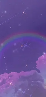 Mobile wallpaper with a purple sky, vibrant rainbow, and starry clouds.