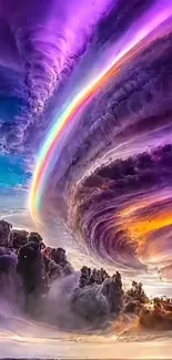 Purple sky vortex wallpaper with swirling clouds and a vibrant rainbow effect.