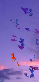 Colorful butterflies flutter across a purple evening sky.