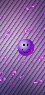 Vibrant purple smiley face wallpaper with stripes and droplets.