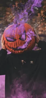 Pumpkin head with purple smoke in spooky Halloween scene.