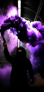 Silhouetted figure with purple smoke in an urban tunnel scene.