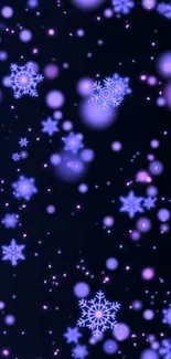 Purple snowflakes and bokeh effect mobile wallpaper with a winter theme.