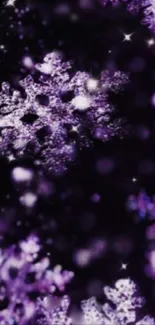 Purple snowflakes sparkle on a dark night background.