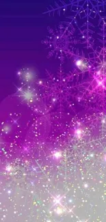 Purple snowflake wallpaper with stars and sparkles.