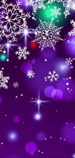 Purple background with white snowflakes and colorful bokeh lights.