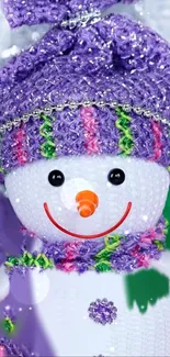 Charming snowman in purple knit attire with festive details.