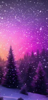 Purple snowy forest with serene twilight sky.