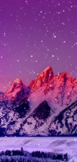 Purple snowy mountain with falling snowflakes.