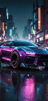 Purple sports car in a neon-lit city street at night.