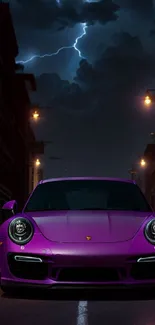 Purple sports car under stormy night sky with streetlights.