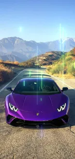 Purple sports car on a scenic mountain road with clear blue sky.