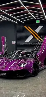 Purple Lamborghini Aventador with open doors in a stylish showroom.