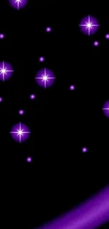 Purple starry night wallpaper with glowing stars.