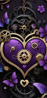 Steampunk purple heart with gears and butterflies.