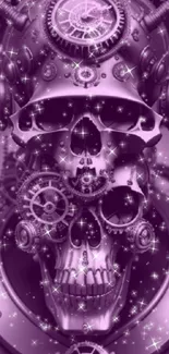 Purple steampunk skull wallpaper with gears and sparkles.