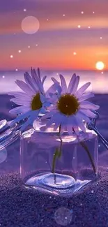 Purple sunset beach with glass jar and daisies on sand.