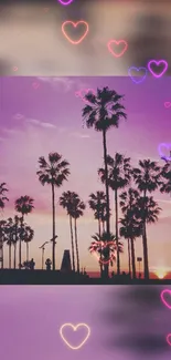 Silhouetted palm trees against a purple sunset with heart overlays.