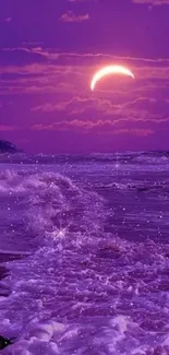 Purple sunset sea with waves crashing on the shore.