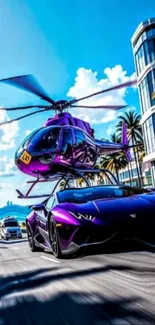 Purple supercar and helicopter in tropical cityscape.