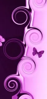 Purple and pink wallpaper with butterflies and swirls.