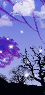 Purple fractal swirl above silhouetted trees in a surreal sky.