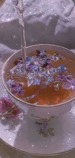 Aesthetic tea cup with purple flowers and gentle sparkles.