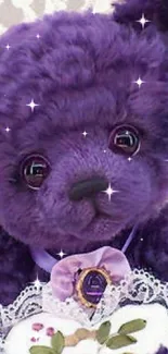 Charming purple teddy bear with lace details for a mobile wallpaper.