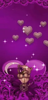 Purple wallpaper with teddy bear and hearts in a floral border design.