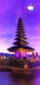 Purple temple with starry sky and mystical glow mobile wallpaper.