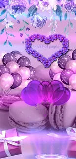 Purple themed wallpaper with flowers, balloons, and macarons.