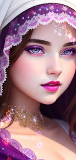 Purple themed artwork of a woman with violet eyes and ornate headdress.