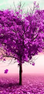 Beautiful purple tree with pink leaves in a vibrant landscape.